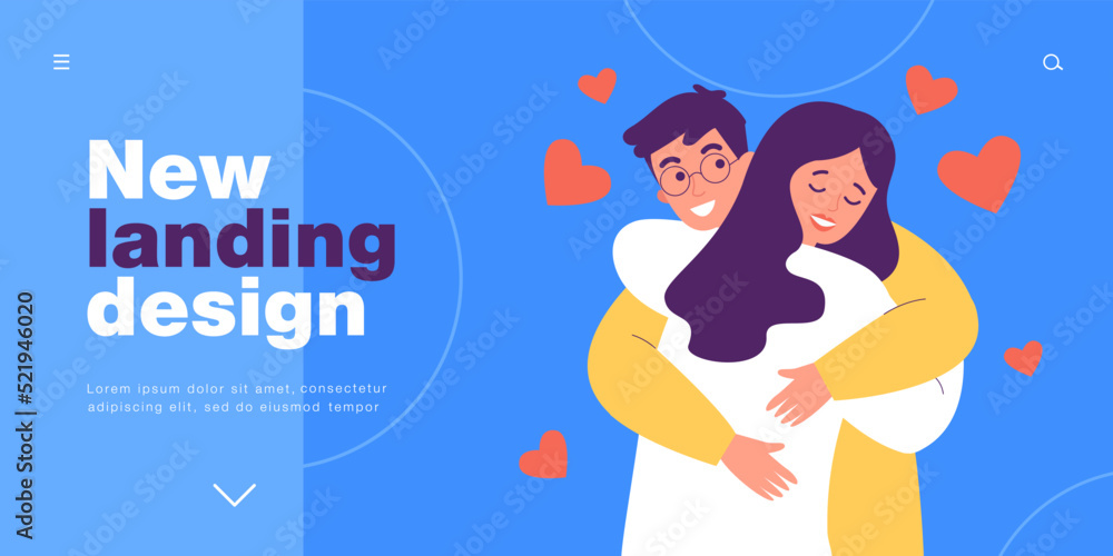Happy hugs of couple of lovers. Woman and man embracing with smiles on romantic date flat vector illustration. Valentines day, love, romance concept for banner, website design or landing web page Happy hugs of couple of lovers. Woman and man embracing with smiles on romantic date flat vector illustration. Valentines day, love, romance concept for banner, website design or landing web page