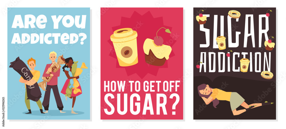 Fototapeta premium Sugar addiction concept of banners or cards, flat vector illustration.