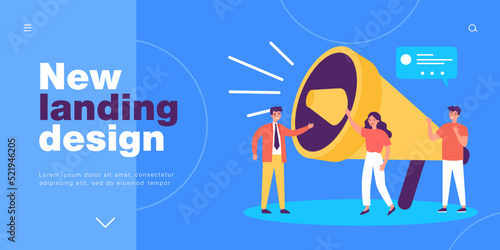 Business people announcing loud message through megaphone. Tiny characters drawing attention to news flat vector illustration. Warning content concept for banner, website design or landing web page
