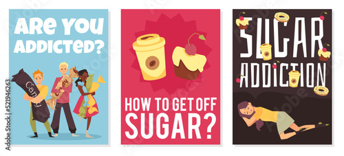 Sugar addiction concept of banners or cards, flat vector illustration.
