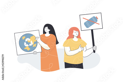 Eco activists arguing for plastic recycling. Women holding banners, taking care of planet flat vector illustration. Ecology protest, protection concept for banner, website design or landing web page