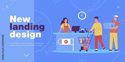 Customers standing in queue at supermarket checkout. Female and male characters with purchases waiting flat vector illustration. Grocery shop concept for banner, website design or landing web page