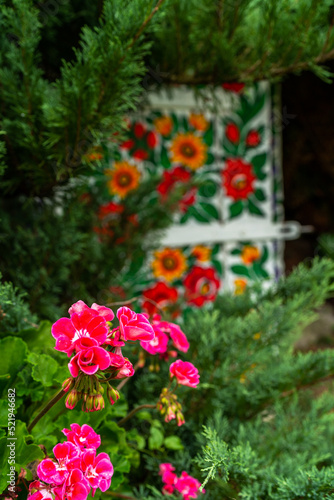 Painted facade in rural vilage Zalipie in Poland