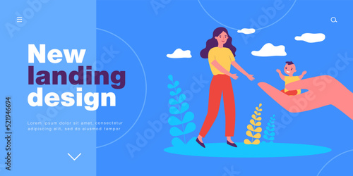 Hand giving tiny boy to mother, parent adopting son. Protection and support for child adopted by woman flat vector illustration. Adoption concept for banner, website design or landing web page