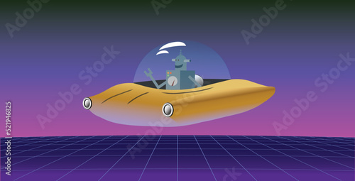 Foto Vector illustration of a retro sci fi robot  driving a flying saucer above the 1980's cyberpunk neon perspective grid