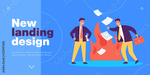 Business people burning paper documents. Tiny man destroying corporate information in flame flat vector illustration. Office security, evidence concept for banner, website design or landing web page