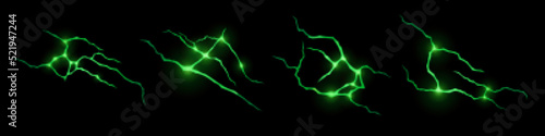 Realistic set of green lightnings isolated on black background. Vector illustration of scary thunderbolt strikes glowing at night. Symbol of magic power. Electric discharge sparks during thunderstorm