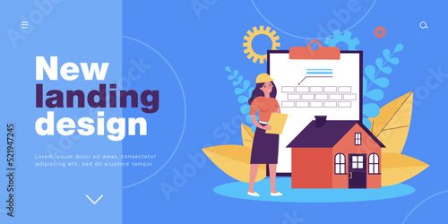 Expertise and inspection of real estate project by engineer. Tiny woman standing with house and document flat vector illustration. Paperwork concept for banner, website design or landing web page