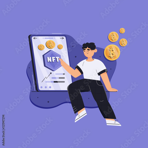 NFT concept with man. Man getting income from NFT, cryptoart through mobile phone. Phone with cryptocurrency coins or bitcoins. Technology of selling NFT tokens for cryptocurrency. Non-fungible token.