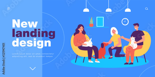 Happy people holding cat and bunny, hugging dog. Male and female owners loving pets flat vector illustration. Leisure, love to animals, adoption concept for banner, website design or landing web page