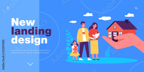 Hand giving new home to father, mother and kids. Family house for man, woman and children flat vector illustration. Property, loan, real estate concept for banner, website design or landing web page