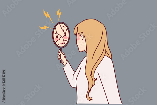 Woman looking in broken mirror suffer from personality disorder. Unhappy female struggle with psychological or mental problems. Vector illustration. 