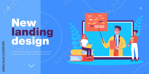High school education online for tiny students. Man with pointer on laptop screen giving video lecture to girls flat vector illustration. Study concept for banner, website design or landing web page