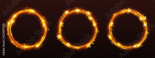Circle frames with fire sparkle motion effect, glow round borders with sparks of weld metal blade, cracker or petard. Circus ring, fiery light bordering with twinkles, Realistic 3d vector illustration