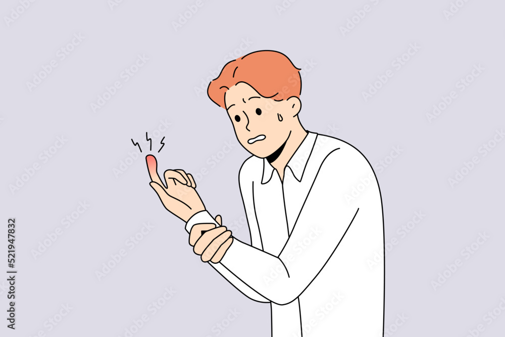 Unhappy man suffer from finger trauma. Unwell guy look at red bruised hand. Hand damage concept. Vector illustration. Unhappy man suffer from finger trauma. Unwell guy look at red bruised hand. Hand damage concept. Vector illustration.