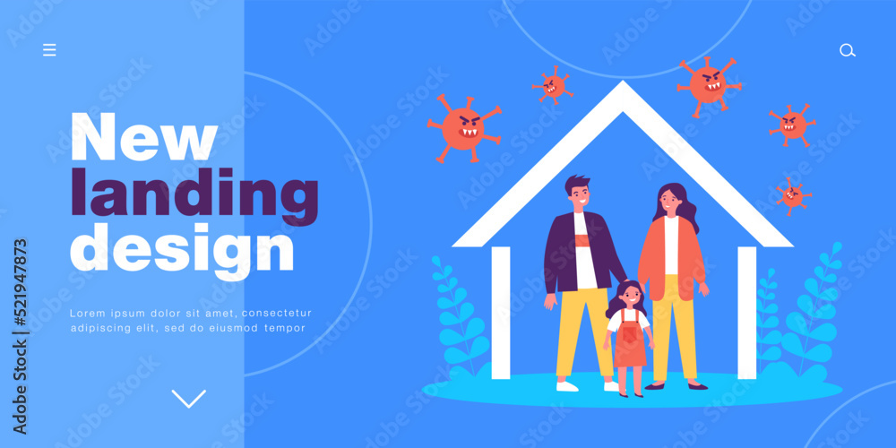 Home quarantine of father, mother and child. Man, woman and girl protecting health against viruses flat vector illustration. Family, pandemic concept for banner, website design or landing web page Home quarantine of father, mother and child. Man, woman and girl protecting health against viruses flat vector illustration. Family, pandemic concept for banner, website design or landing web page