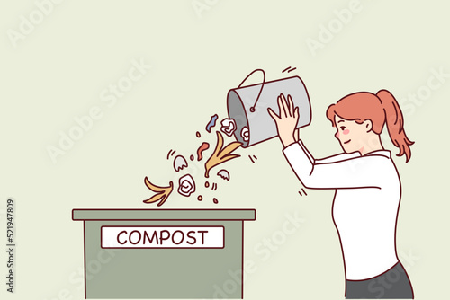 Woman throwing waste in compost container. Caring young female recycle organic trash sort garbage. Ecology conservation. Vector illustration. 