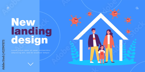 Home quarantine of father, mother and child. Man, woman and girl protecting health against viruses flat vector illustration. Family, pandemic concept for banner, website design or landing web page