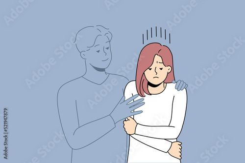 Invisible man hugging upset lonely woman missing love or relationships. Sad girl with male lover silhouette. Loneliness and breakup concept. Vector illustration. 