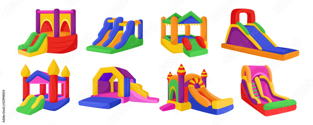 Inflatable colorful castes for kids vector illustrations set. Cartoon drawings of inflated bouncy trampolines with slides, playground or park equipment for jumping. Childhood, entertainment concept