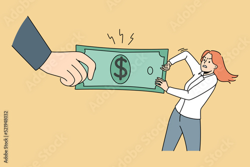 Huge hand taking banknote from desperate woman. Hand of state or bank get money from people. Tax and earning concept. Vector illustration. 