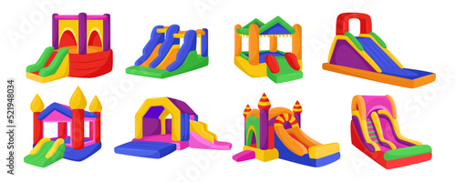 Inflatable colorful castes for kids vector illustrations set. Cartoon drawings of inflated bouncy trampolines with slides, playground or park equipment for jumping. Childhood, entertainment concept