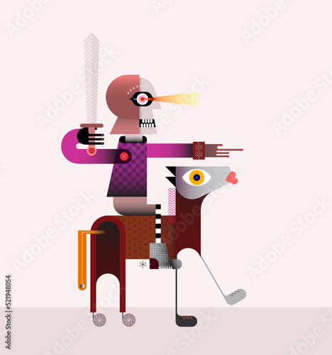 Colored image on a light background Knight on horseback vector illustration. The knight rider points forward with a finger, holding a sword in the his other hand. 