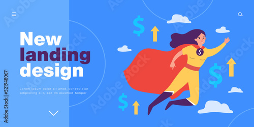 Female super hero flying up in sky along with dollar symbols. Financial rescue from woman in cape of flat vector illustration. Finance, charity concept for banner, website design or landing web page