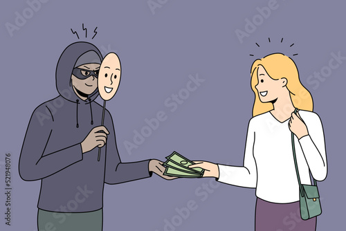 Woman giving money to male scammer in mask. Female pass cash to criminal. Scam and fraud concept. Vector illustration. 