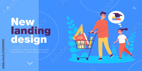 Happy father buying stationery to daughter. Man carrying school supplies in shopping cart flat vector illustration. Back to school, family concept for banner, website design or landing web page