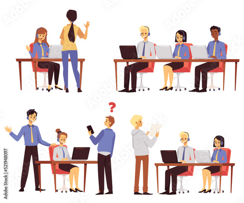 Customers online support operators at work, vector illustrations set isolated.