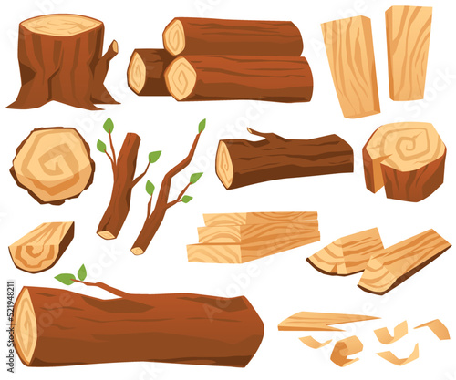 Lumber industry wood logs, trunks, barks and stumps - flat vector illustration isolated on white background.