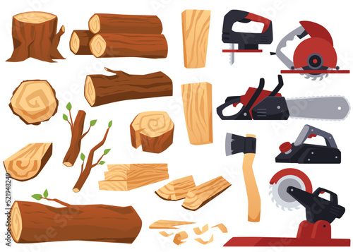 Wood logs materials and carpenter tools set, flat vector illustration isolated.