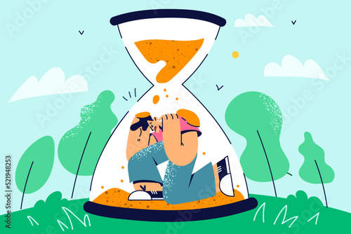 Stressed man in hourglass frustrated with time pass