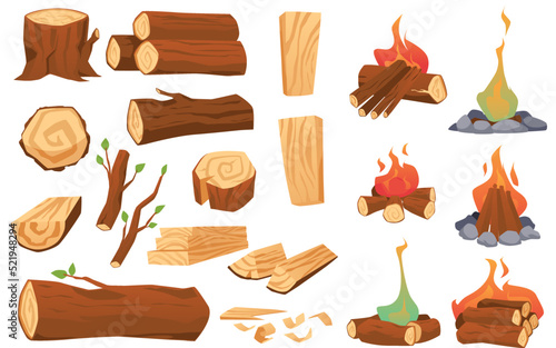 Wooden materials and burning firewoods set, flat vector illustration isolated.