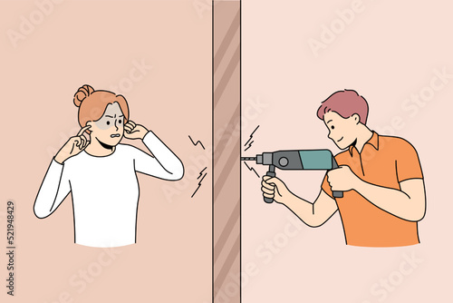 Woman annoyed with loud neighbor making home repair. Male with drill bother female neighbour with unbearable noise indoors. Vector illustration. 