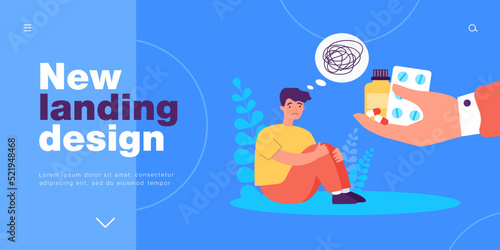 Hand giving pills to sad man with confusion in head. Antidepressant saving tiny person from depression flat vector illustration. Medicine, stress concept for banner, website design or landing web page