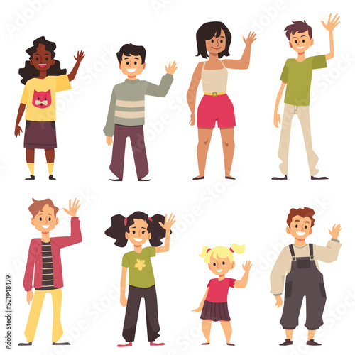 Boys, girls waving their hands in sign of greeting in flat vector illustration