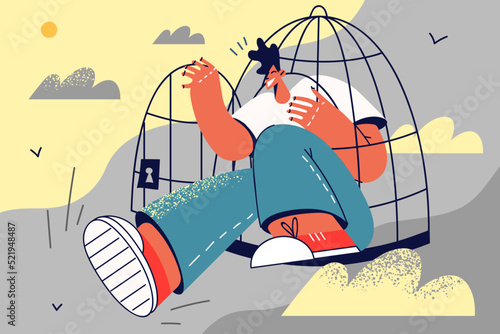 Happy man escape cage into free life