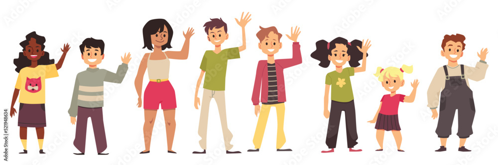 Happy cute kids waving their hands, set with smiling schoolboy, preschoolers Happy cute kids waving their hands, set with smiling schoolboy, preschoolers