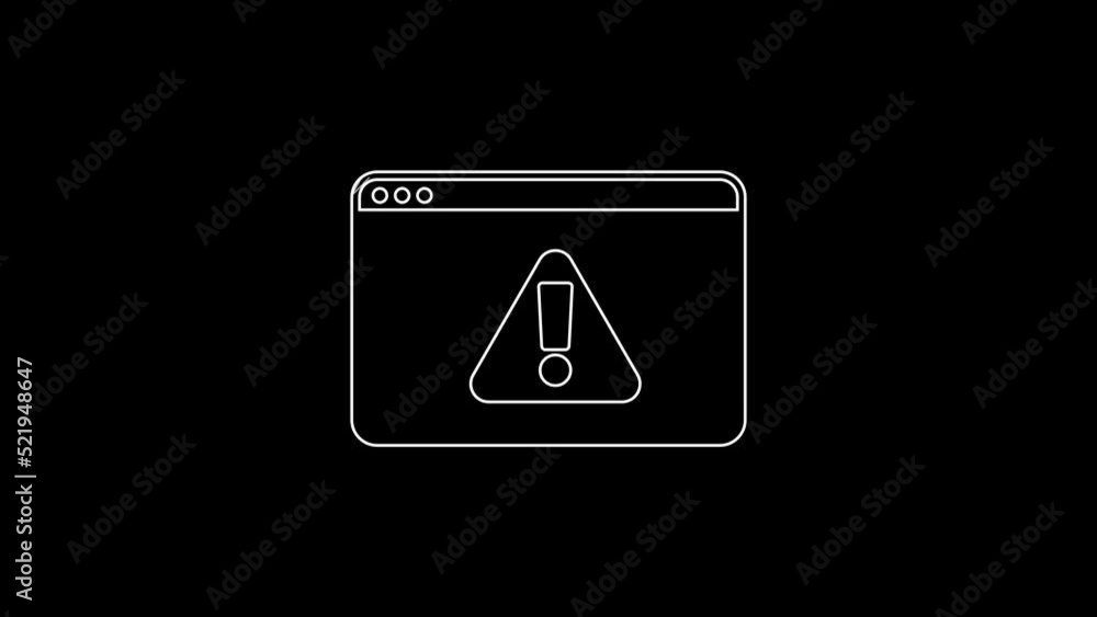 White line Browser with exclamation mark icon isolated on black background. Alert message smartphone notification. 4K Video motion graphic animation White line Browser with exclamation mark icon isolated on black background. Alert message smartphone notification. 4K Video motion graphic animation