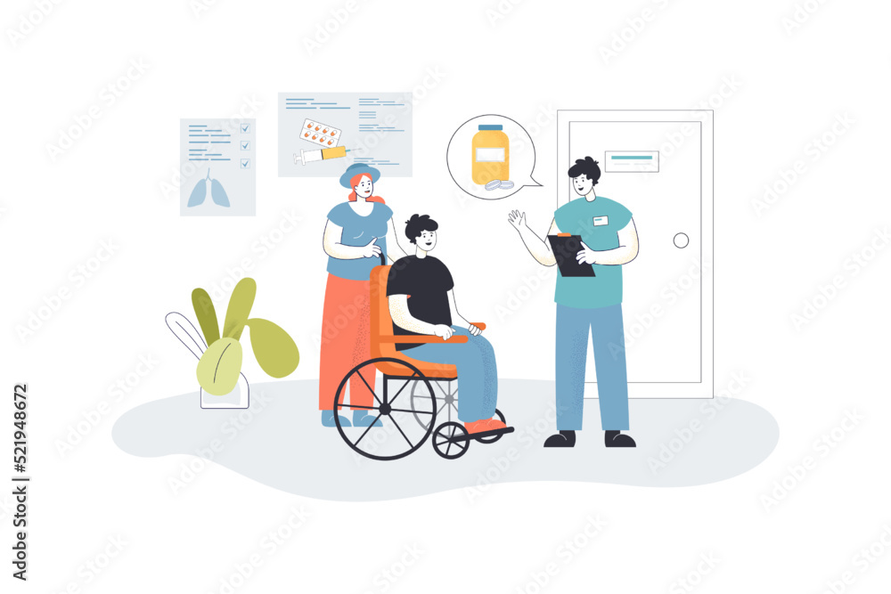 Man on wheelchair visiting doctor flat vector illustration. Person with disability talking with therapist in hospital. Treatment, healthcare concept for banner, website design or landing web page Man on wheelchair visiting doctor flat vector illustration. Person with disability talking with therapist in hospital. Treatment, healthcare concept for banner, website design or landing web page