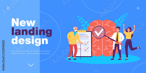 Doctors checking brain health of elderly patient. Tiny man holding magnifying glass to study flat vector illustration. Alzheimer, dementia concept for banner, website design or landing web page