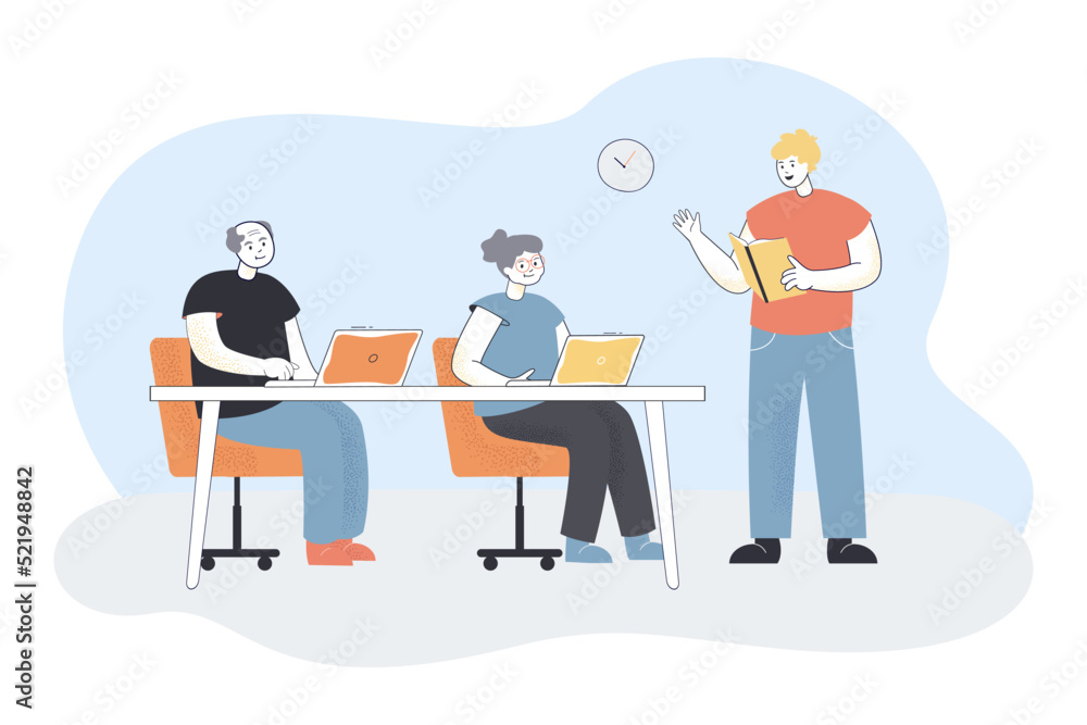 Senior people attending computer lesson flat vector illustration. Man teaching elderly man and woman how to use laptop. Education, retirement concept for banner, website design or landing web page