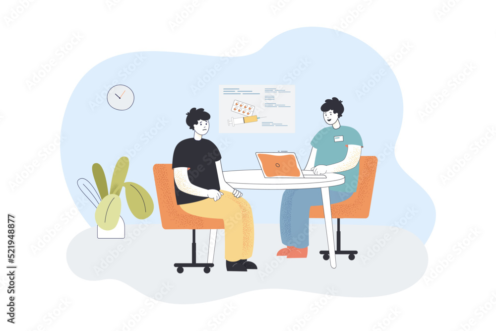 Sad patient having meeting with doctor flat vector illustration. Therapist sitting at desk and prescribing medications Healthcare, treatment concept for banner, website design or landing web page