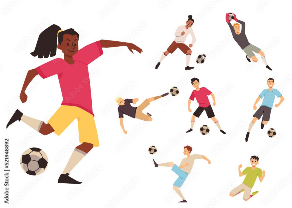 Soccer or football team players characters set flat vector illustration isolated.