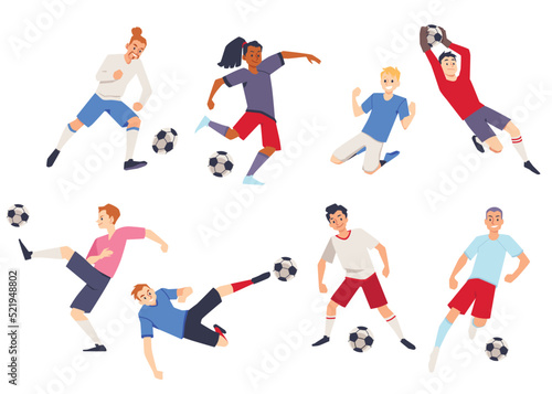 Soccer players kicking ball characters set  flat vector illustration isolated.