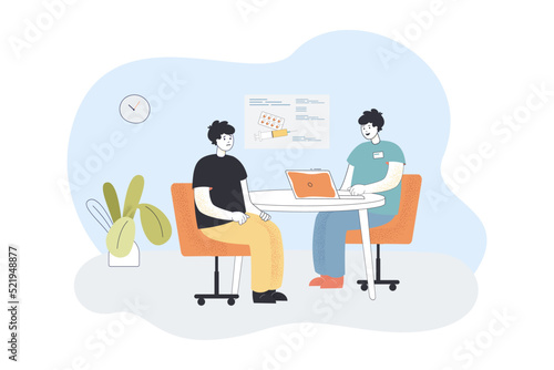 Sad patient having meeting with doctor flat vector illustration. Therapist sitting at desk and prescribing medications Healthcare, treatment concept for banner, website design or landing web page