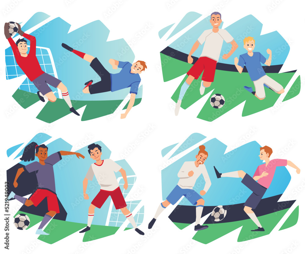 Soccer or football players at decorative backdrop, vector illustration isolated.