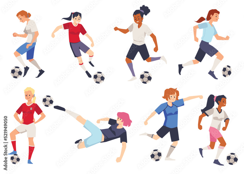 Soccer female players characters set, flat cartoon vector illustration isolated.